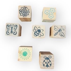 Lot of 7 wooden block mini rubber stamps nature insects flower butterfly ladybug